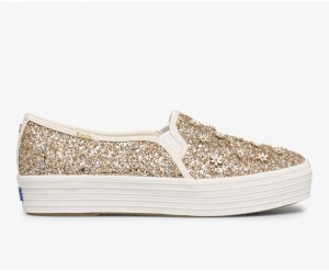 Gold Keds x Kate Spade New York Triple Decker Glitter Flowers Slip On | 7243-ZYJPS