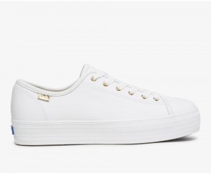 White Keds Triple Kick Luxe Leather Sneakers | 9301-OWCXY