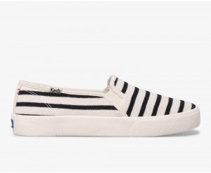 White / Black Keds x Hatch Double Decker Bateau Stripe Slip On | 7861-QWGRF