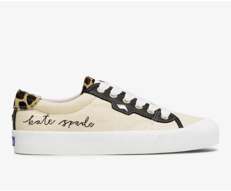 Beige / Black Keds x Kate Spade New York Crew Kick Leather Raffia Sneakers | 9284-LDGJX