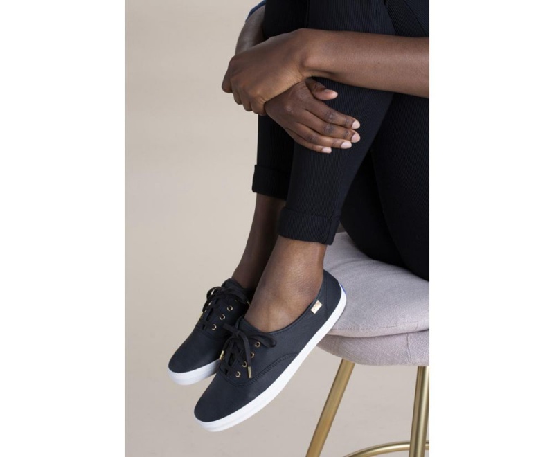 Black Keds Champion Luxe Leather Sneakers | 1543-DOLKZ