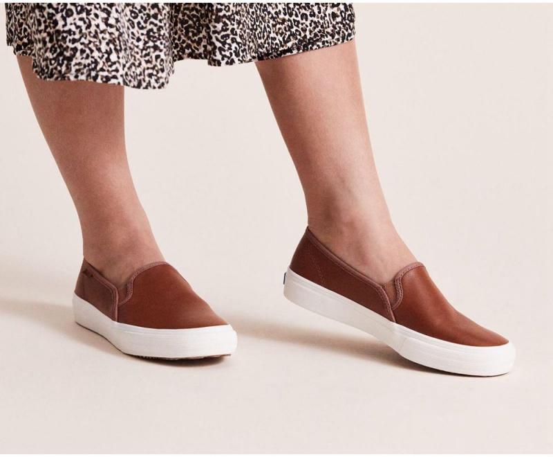 Brown Keds Double Decker Leather Slip On | 7369-NQATX