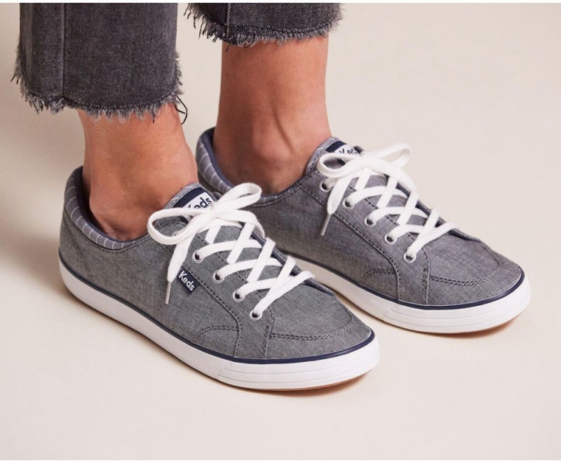 Navy Keds Center II Chambray Stripe Sneakers | 7604-IEZVG