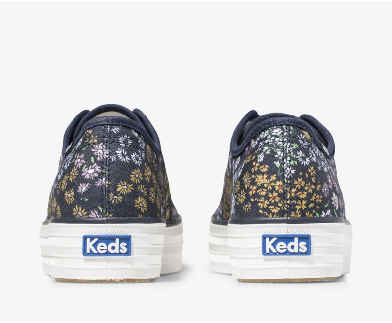 Navy Keds Triple Kick Floral Sneakers | 0436-GMXJA