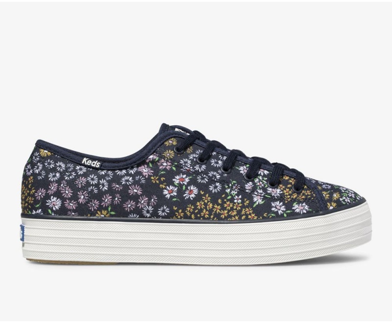 Navy Keds Triple Kick Floral Sneakers | 0436-GMXJA