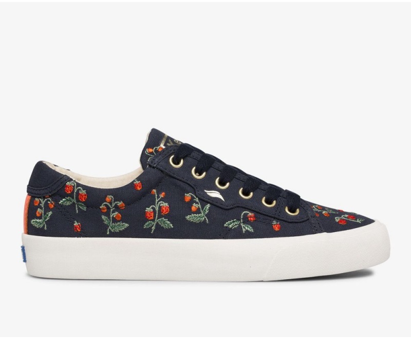 Navy Keds x Rifle Paper Co. Crew Kick Mini Strawberries Embroidered Sneakers | 5231-PBRKU