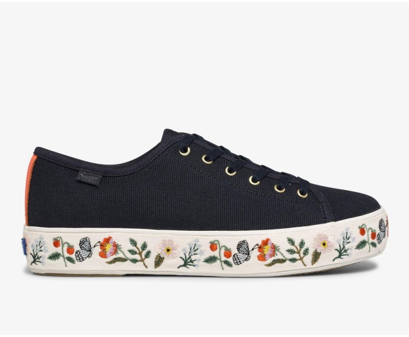 Navy Keds x Rifle Paper Co. Triple Kick Strawberry Fields Embroidered Sneakers | 4786-QJSCP