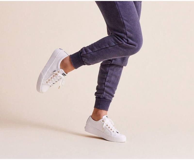 White Keds Jump Kick Duo Leather Sneakers | 4625-JZNGE