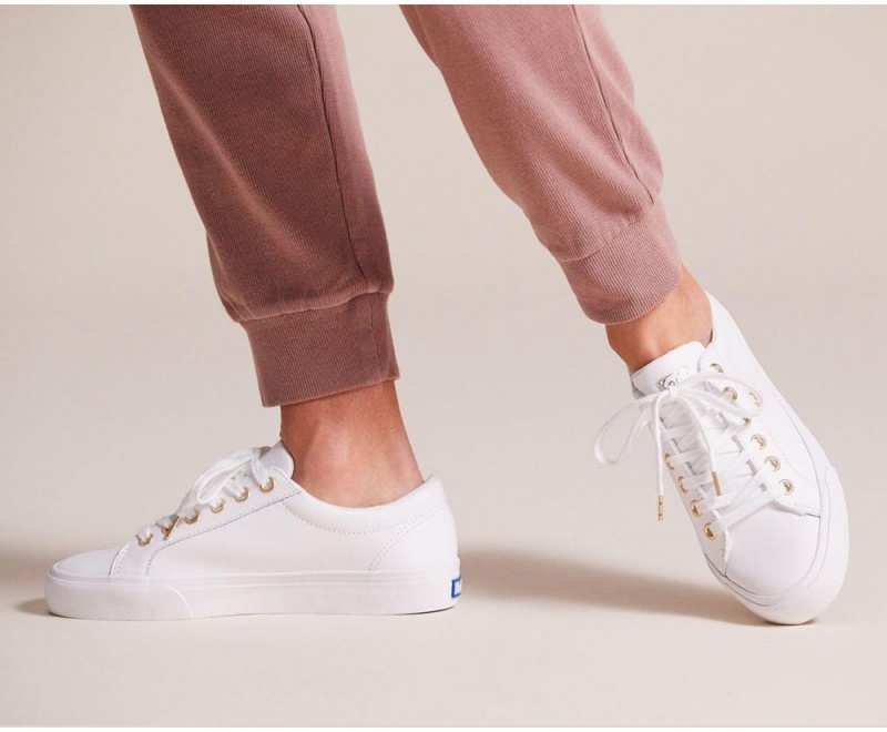 White Keds Jump Kick Leather Sneakers | 5032-QGFSR