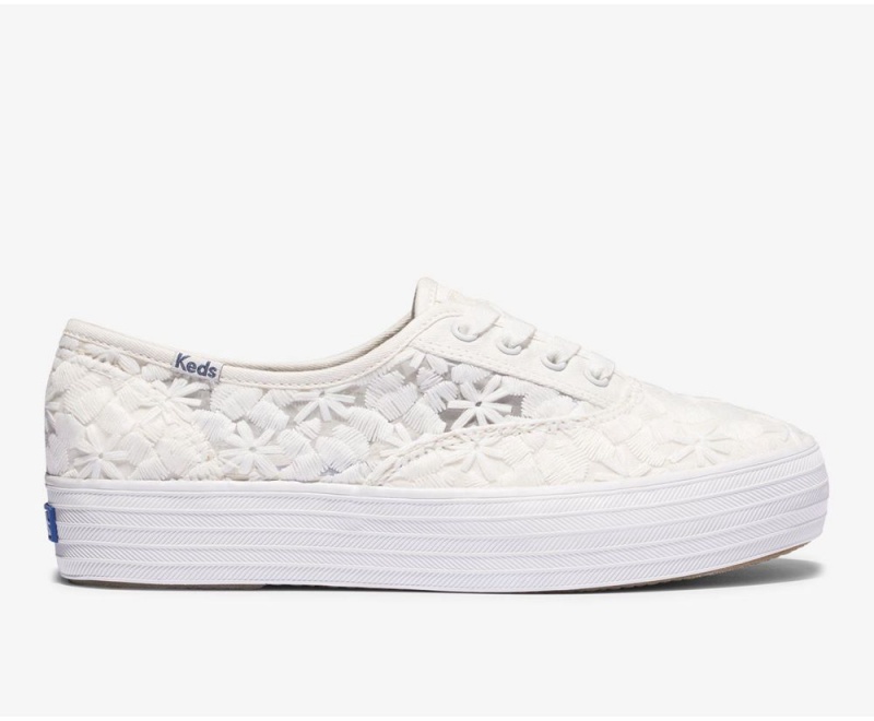 White Keds Triple Floral Embroidery Sneakers | 1547-ADGRB