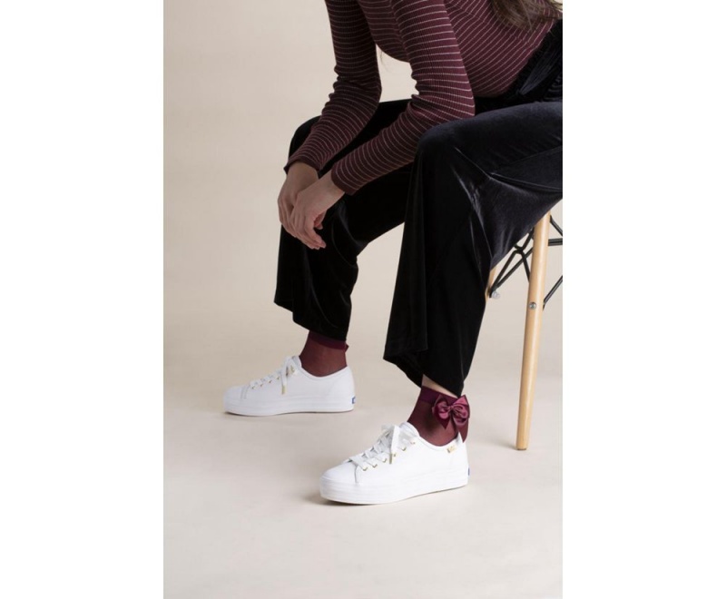 White Keds Triple Kick Luxe Leather Sneakers | 9301-OWCXY