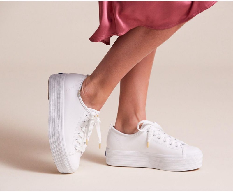 White Keds Triple Up Leather Sneakers | 0769-GZJNF