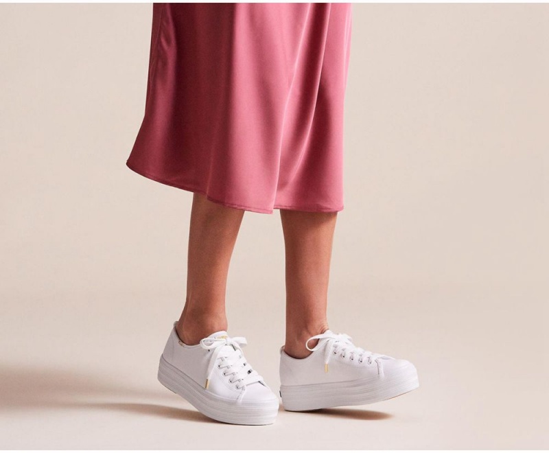 White Keds Triple Up Leather Sneakers | 0769-GZJNF