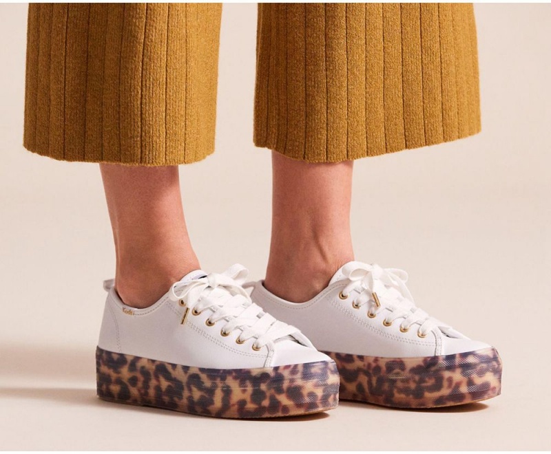 White Keds Triple Up Leather Tortoise Foxing Sneakers | 2640-SUHXI