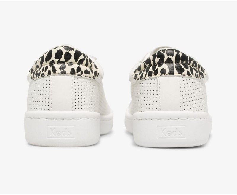 White / Leopard Keds Ace Leather White/Leopard Sneakers | 3672-LESJZ